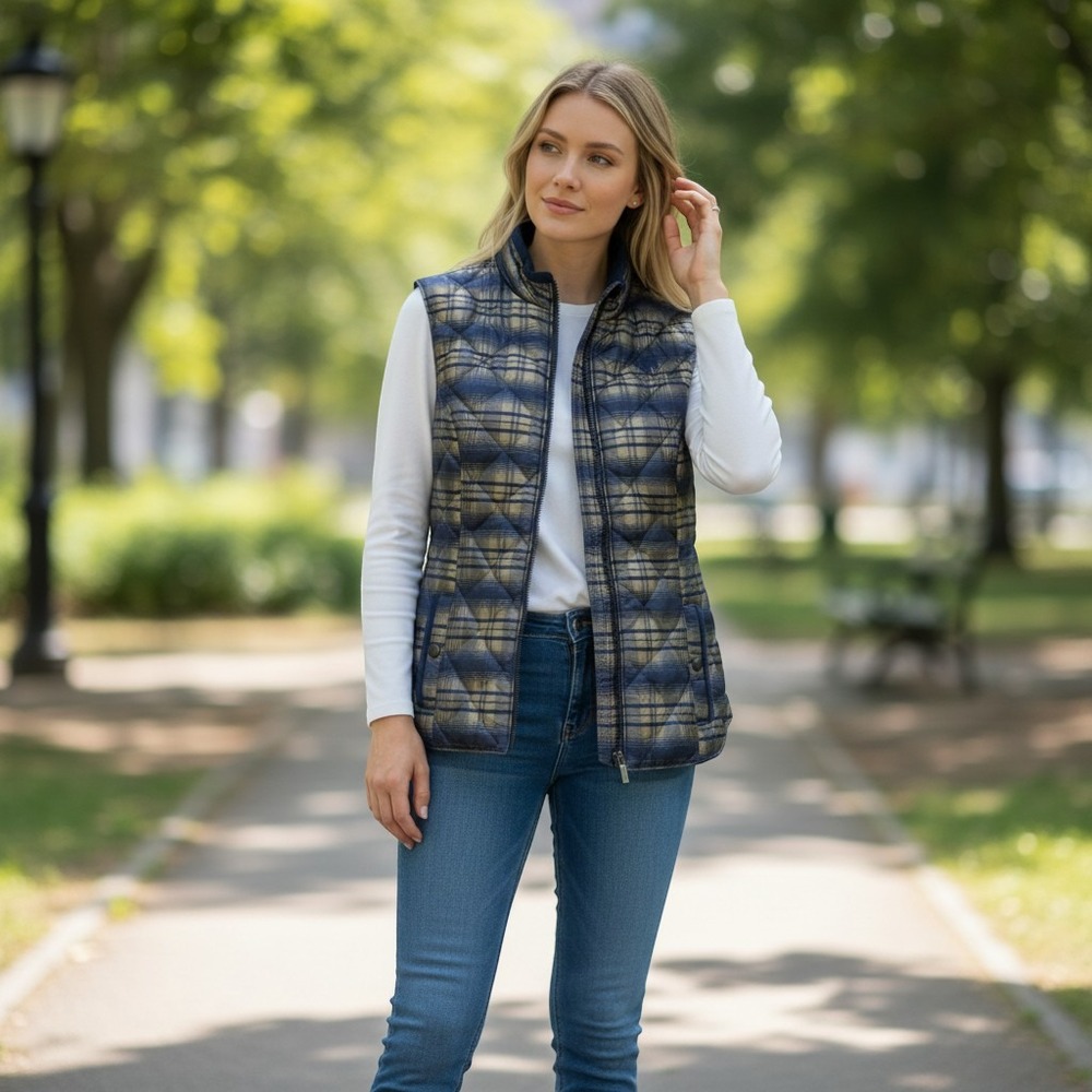 Arista Women Equestrian Quilted Vest Navy Blue Gold Plaid Horse Logo Size S